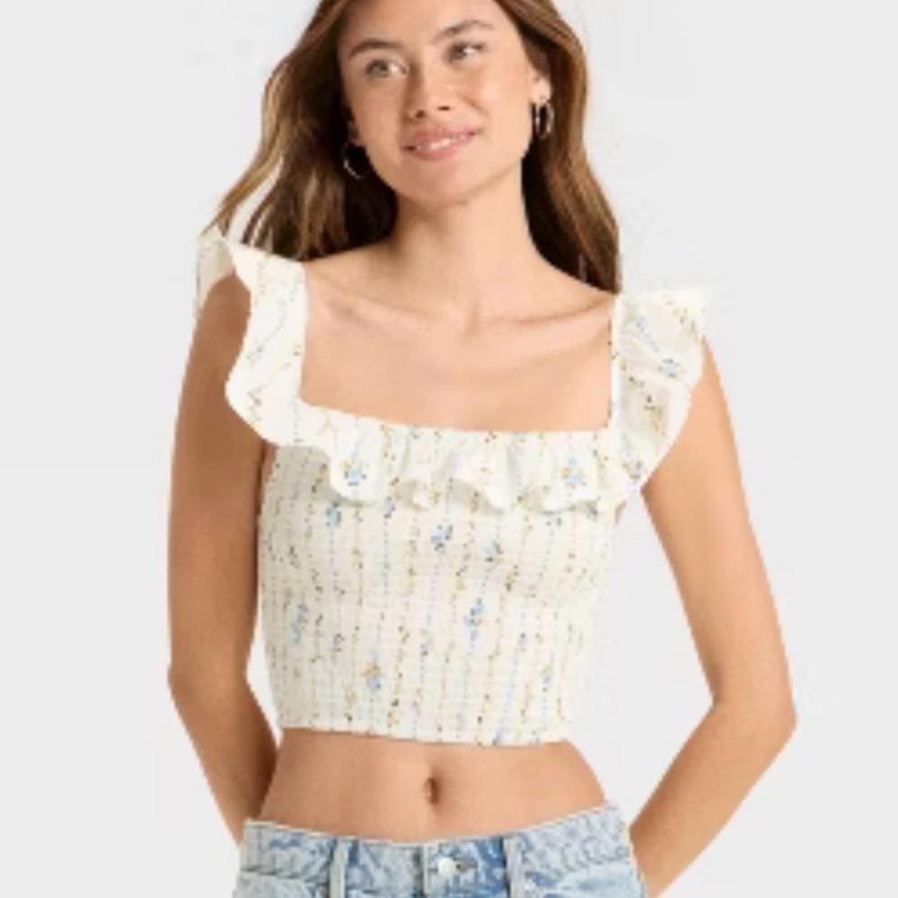 NWT Wild Fable Floral Ruffle Sleeve Smocked Tank Top Small